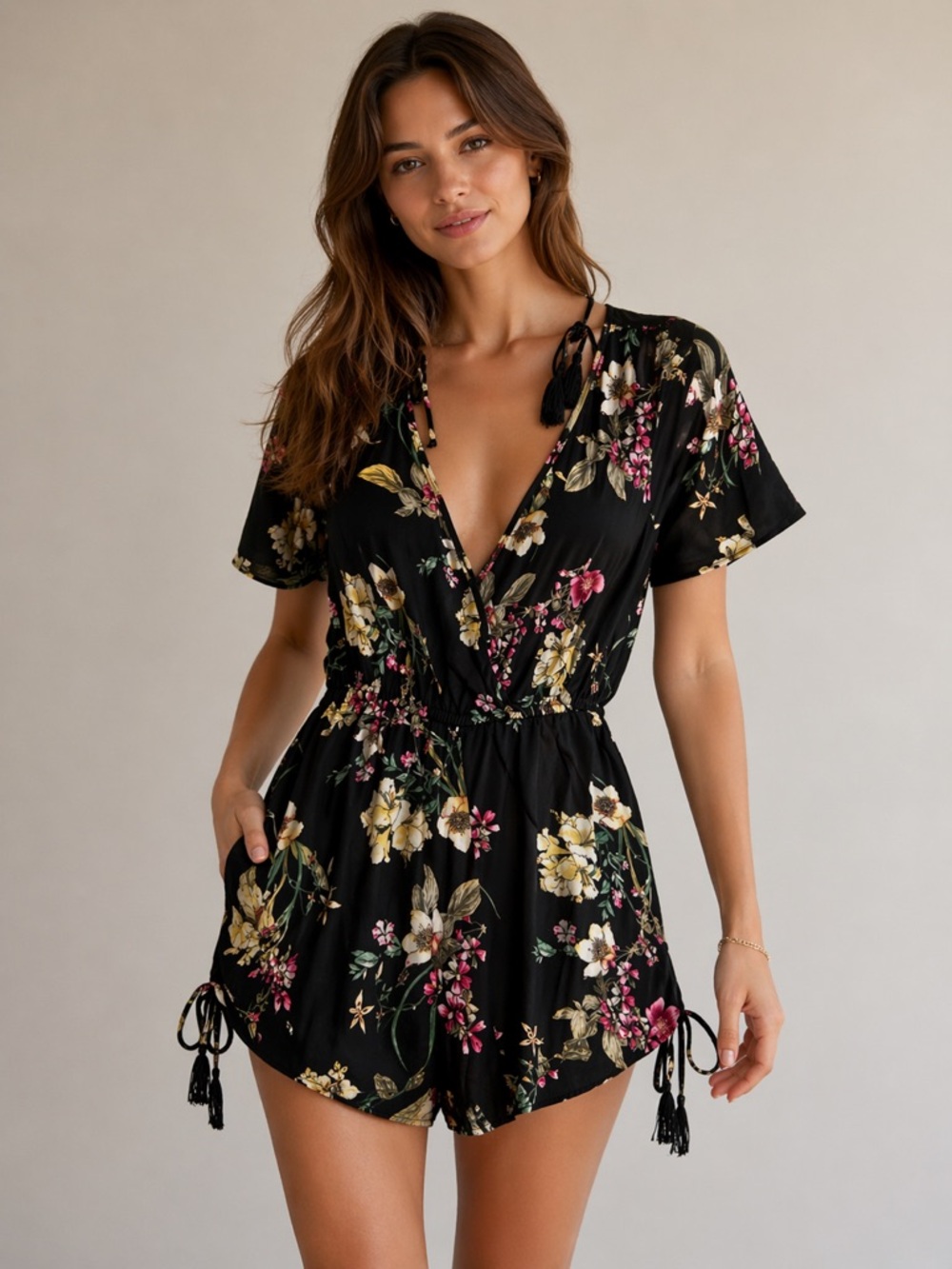 Band of Gypsies Floral Romper Womens M Boho V Neck Tassel Tie Back Festival